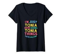 Mujer Tonia está aquí Haciendo Cosas graciosas con el Nombre de Tonia Camiseta Cuello V