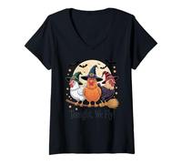 Mujer Tonight, We Fly! Chicken Witch Halloween Moon Broom Camiseta Cuello V