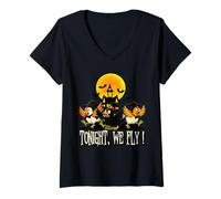 Mujer Tonight We Fly Funny Chicken Witches Halloween Humor Camiseta Cuello V