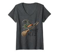 Mujer Tonight We Fly Sombrero de Bruja Escoba Disfraz de Bruja de Halloween Camiseta Cuello V
