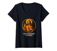 Mujer Too Blessed To Stress Jesucristo Sagrado Corazón Diseño Camiseta Cuello V