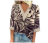 Mujer Tops Cuello Botones Sexy Camisetas Manga Corta Elegante Blusas Estampado Geométrico Sudaderas Ropa Camiseta ancha Mujer, caqui, XL