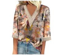Mujer Tops Cuello Botones Sexy Camisetas Manga Corta Elegante Blusas Estampado Geométrico Sudaderas Ropa Camiseta ancha Mujer, naranja, M