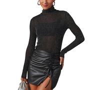 Mujer Tops de Malla Transparente con Purpurina Camiseta Transparente de Manga Larga Sexy Tops