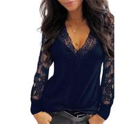 Mujer Tops Encaje Manga Larga Cuello en V Encaje Encaje Túnica Blusas Elegante Encaje Malla Blusa Semitransparente Casual Cuello de Pico Holgada Color Sólido Camisa Encaje Camisetas S-5XL, C-azul