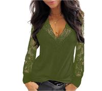 Mujer Tops Encaje Manga Larga Cuello en V Encaje Encaje Túnica Blusas Elegante Encaje Malla Blusa Semitransparente Casual Cuello de Pico Holgada Color Sólido Camisa Encaje Camisetas S-5XL, D-verde