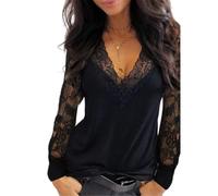 Mujer Tops Encaje Manga Larga Cuello en V Encaje Encaje Túnica Blusas Elegante Encaje Malla Blusa Semitransparente Casual Cuello de Pico Holgada Color Sólido Camisa Encaje Camisetas S-5XL, A-negro., M