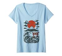 Mujer Torii Japan Wave Volcán Sun Mount Fuji Rising Red Camiseta Cuello V