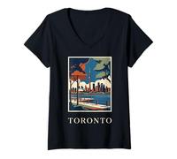 Mujer Toronto Canadá Skyline CN Tower Vintage Travel Artwork Camiseta Cuello V