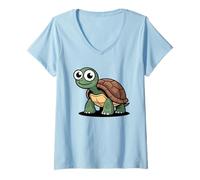 Mujer Tortuga de Dibujos Animados con Ojos tontos y Concha marrón Camiseta Cuello V
