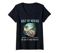 Mujer Tortuga del Golfo de México Sea Salty and Resist Gráfico Camiseta Cuello V