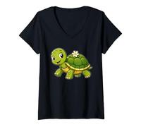 Mujer Tortuga Flor Caparazón Sonrisa Camiseta Cuello V