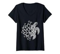 Mujer Tortuga Floral Medio Loto Tribal Polinesio Blanco Ornamental Camiseta Cuello V