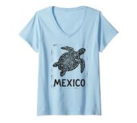 Mujer Tortuga Marina de México Azteca | Tribal Maya - Impresión de Sello Retro Camiseta Cuello V
