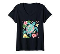 Mujer Tortuga marina floral Camiseta Cuello V
