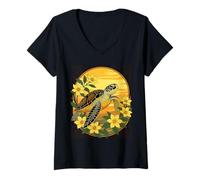 Mujer Tortuga Océana Y Flores Amarillas Gelsemium Camiseta Cuello V