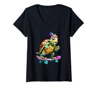 Mujer Tortuga patinando estilo dibujo animado Camiseta Cuello V