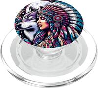 Mujer tótem Nativo Americano y Lobo PopSockets PopGrip para MagSafe