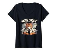 Mujer Trabajo Sucks Gato Oficina Retro Ordenador Divertido Camiseta Cuello V