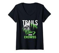 Mujer Trails Over Crowds Senderismo Lento Naturaleza Calma Camiseta Cuello V