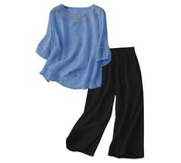 Mujer Traje Casual 2 Piezas Elegante Escote Profundo Bordado Algodón Y Lino Con Mangas Cortas Y Traje Pantalón Con Blusa De Pierna Ancha Para El Equipo De Campus Diario Traje De Animadora, marine, XXL
