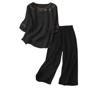Mujer Traje Casual 2 Piezas Elegante Escote Profundo Bordado Algodón Y Lino Con Mangas Cortas Y Traje Pantalón Con Blusa De Pierna Ancha Para El Equipo De Campus Diario Traje De Animadora, Negro , L