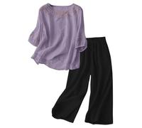 Mujer Traje Casual 2 Piezas Elegante Escote Profundo Bordado Algodón Y Lino Con Mangas Cortas Y Traje Pantalón Con Blusa De Pierna Ancha Para El Equipo De Campus Diario Traje De Animadora, violeta