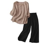 Mujer Traje Casual 2 Piezas Elegante Escote Profundo Bordado Algodón Y Lino Con Mangas Cortas Y Traje Pantalón Con Blusa De Pierna Ancha Para El Equipo De Campus Diario Traje De Animadora, marrón, M