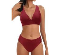 Mujer Traje de Baño de Dos Piezas Push-up Cuello en V Bañador Cintura Media Correas Laterales del Bikini Set Estampado Ropa de Playa Traje de Baño(Borgoña,L)