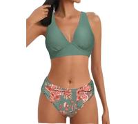Mujer Traje de Baño de Dos Piezas Push-up Cuello en V Bañador Cintura Media Correas Laterales del Bikini Set Estampado Ropa de Playa Traje de Baño(Verdes-Flores,XL)
