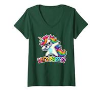 Mujer Traje de Fiesta, Unicornio | Niñas y niños | Unicornio, Let's Party Camiseta Cuello V, Verde Bosque, S