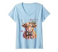 Mujer Traje de Navidad de Vaca de Las Tierras Altas, Idea para niños, Vaca de Las Camiseta Cuello V