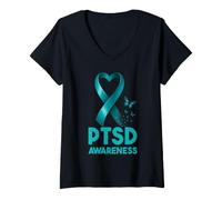 Mujer Trastorno de estrés postraumático Concientización TEPT Cinta Verde Azulado Camiseta Cuello V