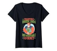 Mujer Trazando Tierras Invisibles Viaje inolvidable Día de Colón Camiseta Cuello V