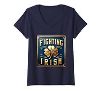 Mujer Trébol Dorado irlandés luchando y Azul Marino Camiseta Cuello V
