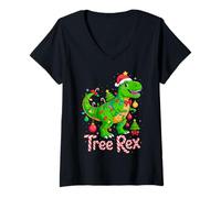 Mujer Tree Rex Christmas Costume T-Rex Dinosaur Xmas Light Family Camiseta Cuello V