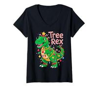 Mujer Tree Rex Christmas Costume T-Rex Dinosaur Xmas Light Family Camiseta Cuello V