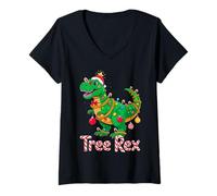 Mujer Tree Rex Christmas Costume T-Rex Dinosaur Xmas Light Family Camiseta Cuello V