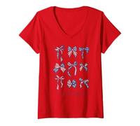 Mujer Trendy Apparel 4th of July 1776 Grid of Stars & Stripes Bows Camiseta Cuello V