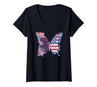 Mujer Trendy Apparel 4th of July Butterfly Floral & USA Flag Wings Camiseta Cuello V