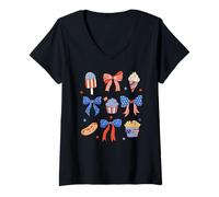Mujer Trendy Apparel 4th of July Red White & Blue Bows & Snacks Camiseta Cuello V
