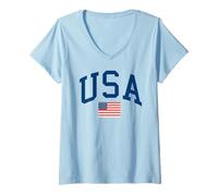 Mujer Trendy Apparel 4th of July USA Large Text & American Flag Camiseta Cuello V