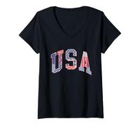 Mujer Trendy Apparel 4th of July USA Red White & Blue Patchwork Camiseta Cuello V