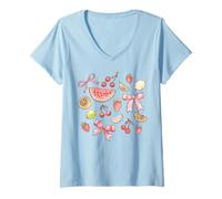 Mujer Trendy Apparel Assorted Jumble of Fruits and Cute Pink Bows Camiseta Cuello V