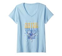 Mujer Trendy Apparel Blue Menorah with Blue Gold Bow Star of David Camiseta Cuello V
