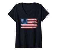 Mujer Trendy Apparel Distressed Faded Red White and Blue USA Flag Camiseta Cuello V