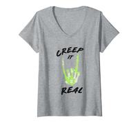 Mujer Trendy Apparel Halloween Creep It Real Skeleton Hand Quote Camiseta Cuello V