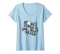 Mujer Trendy Apparel Halloween Spooky Vibes Moonlit Skies Ghost Camiseta Cuello V