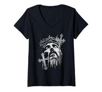Mujer Trendy Apparel Jesus with Crown of Thorns Faith Over Fear Camiseta Cuello V