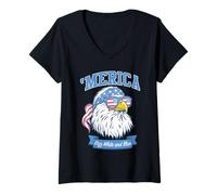 Mujer Trendy Apparel 'Merica Rizz White and Blue Bald Eagle Shades Camiseta Cuello V